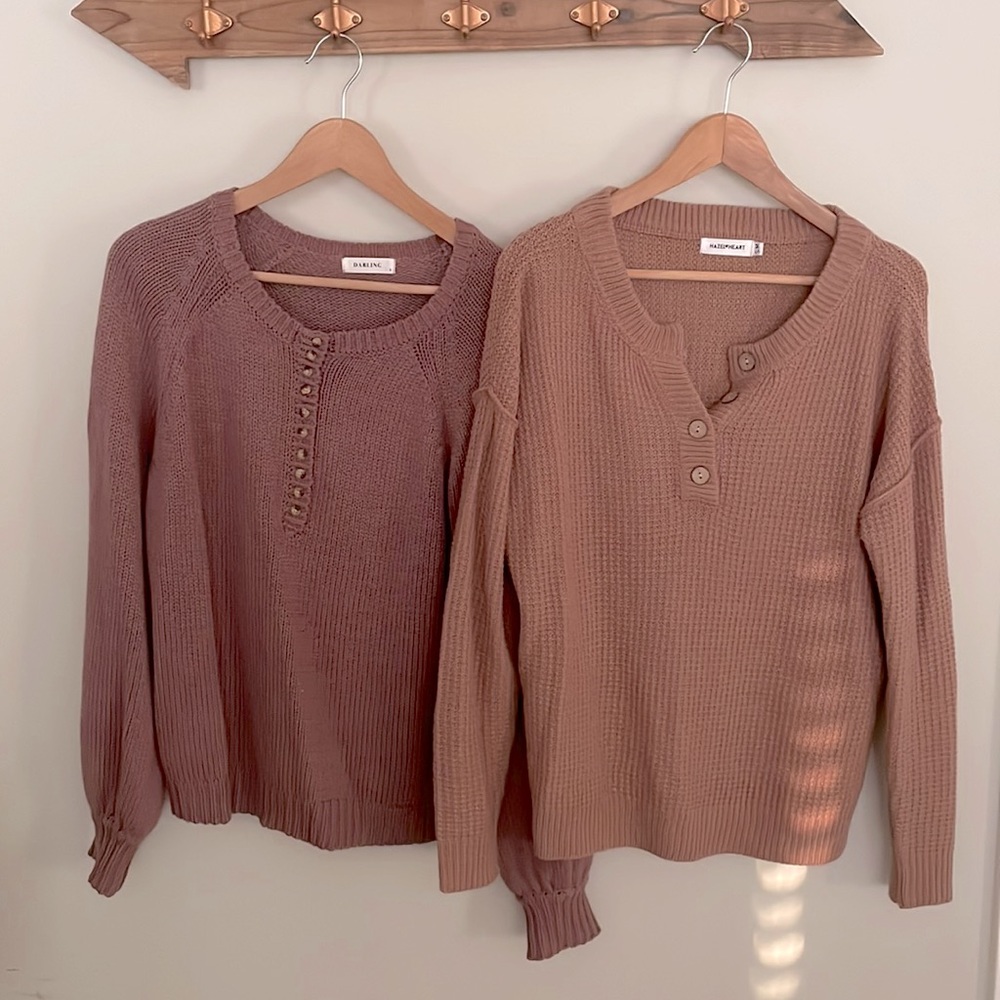 Think Waffle Knit Three-Quarter Button Up Sweater